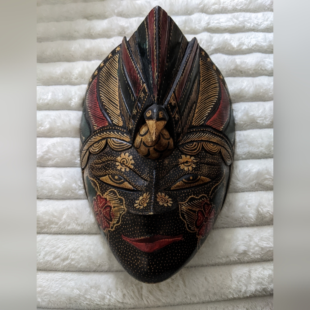 Handcrafted Indonesian Batik Decorative Mask with Red and Gold Accents